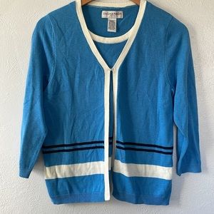 Y2K Sag Harbor Faux Twin Sweater Set Blue With Black & White Stripes Size MP‎